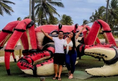Foto com carangueijo gigante na orla de atalaia
